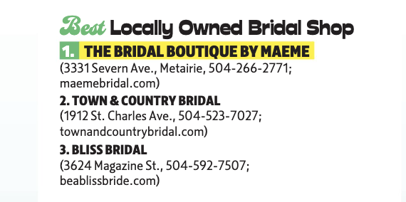 MaeMe wins Best Bridal Shop in New Orleans again!