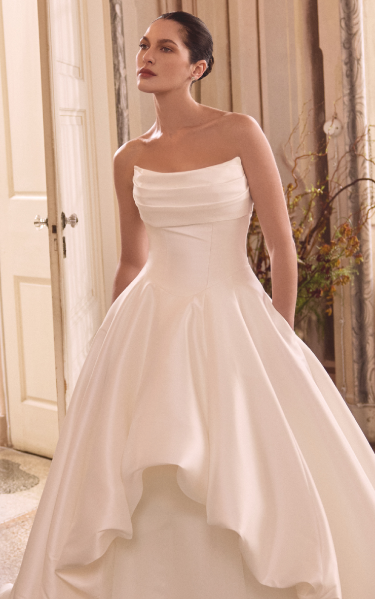 Model wearing a gown by Justin Alexander