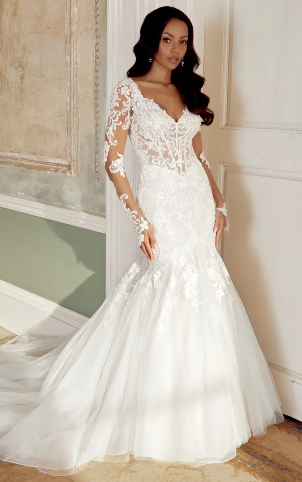 Model wearing a lace dress